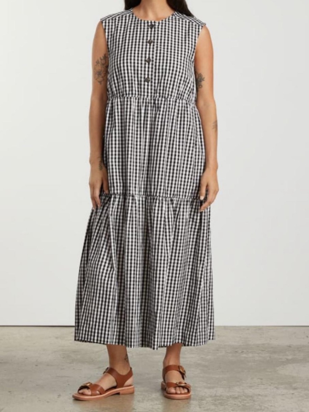 Everlane Tiered Midi Dress Black Gingham - M